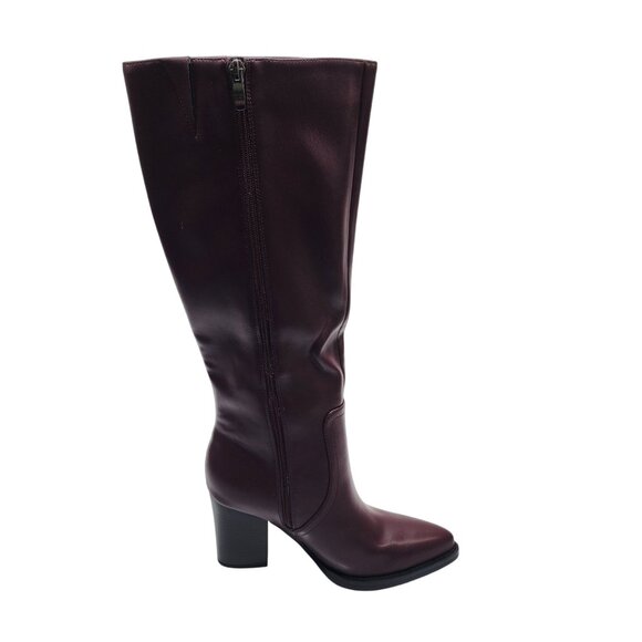 Womens Burgundy Knee-High Heeled Boots 6.5 Faux Leather Side Zipper Block Heel - Picture 7 of 9